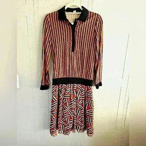 Diane Von Furstenberg Silk Knit Long Sleeve Navy Orange Cream Midi Dress Sz 4